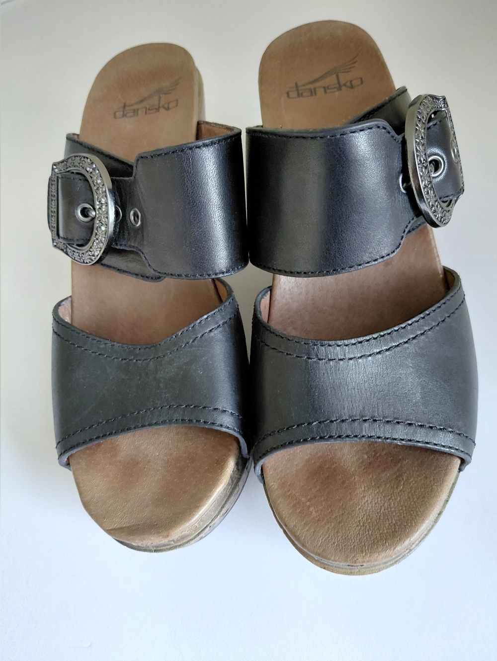 Dansko- Women's 36 US.5.5 -6 Black Leather Slide Sandals with Decorative Buckles